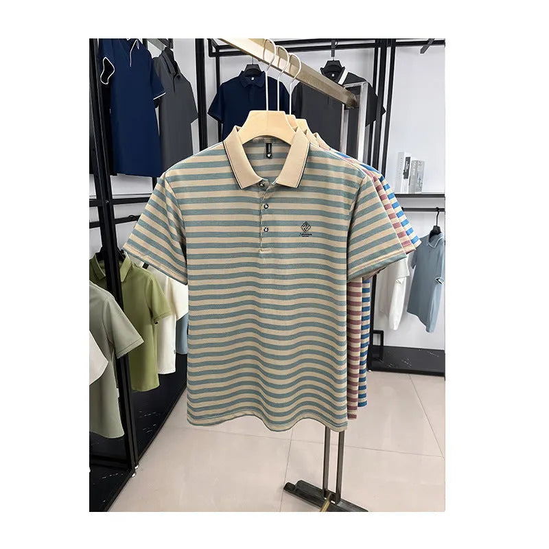 Men's striped casual short sleeve shirt with mosaic detailing in blue, shown on a model