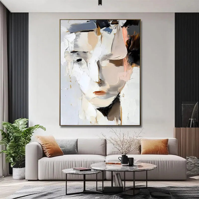Abstract woman face hand-painted oil painting on canvas, modern black and white vertical wall art
