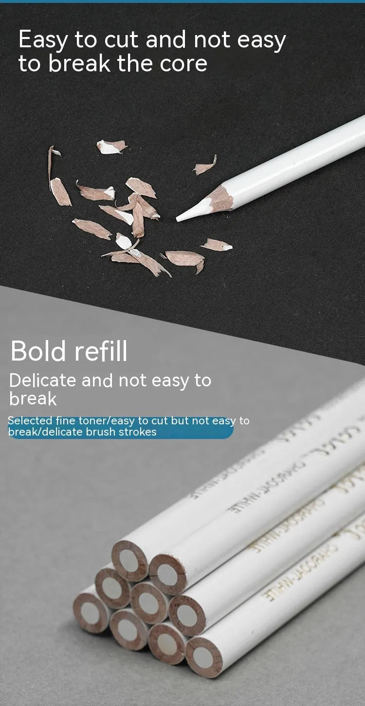 White charcoal pencil highlighting pen with wooden shell showing three pencils in packaging