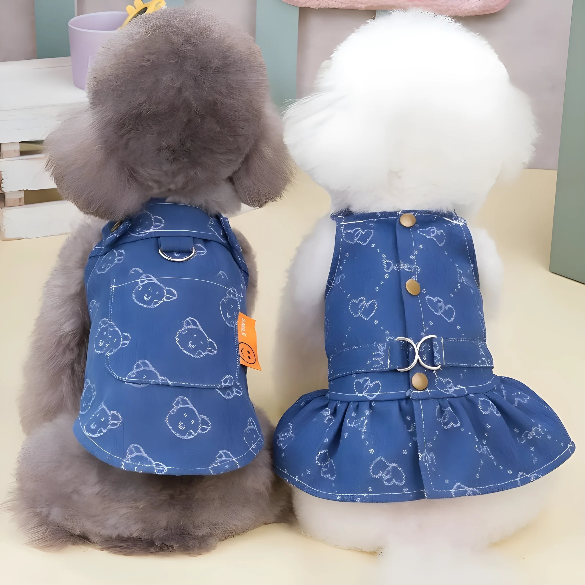 Teddy Bichon dog wearing denim princess dress with bracket skirt detailing