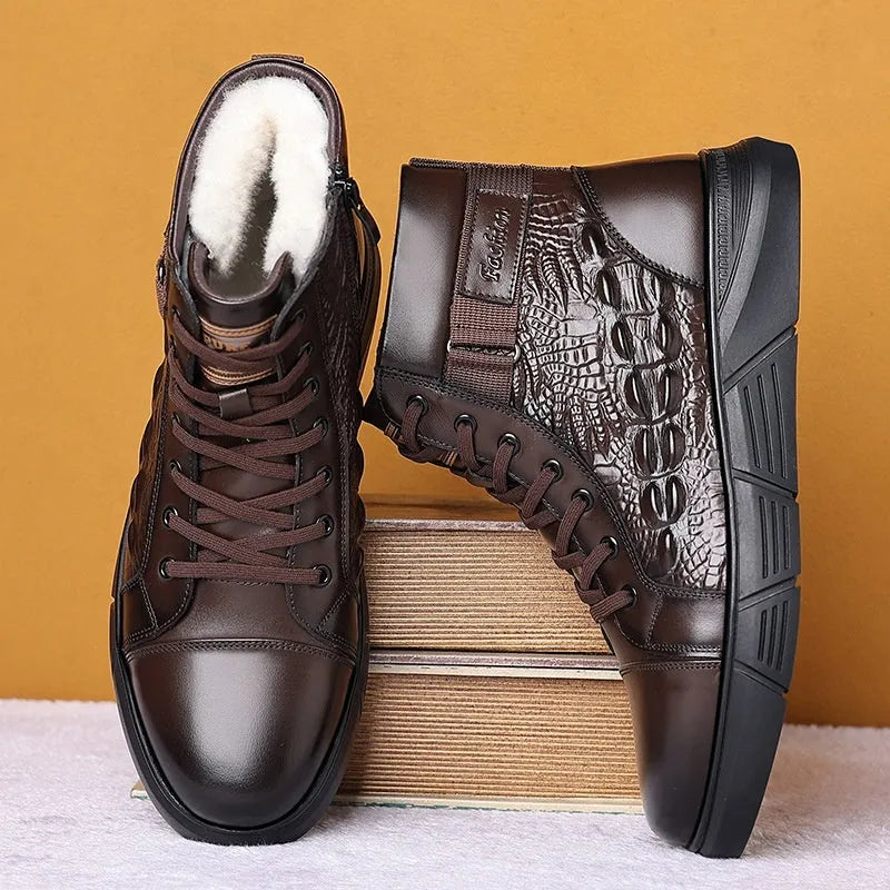 Fur-integrated winter boots in black and brown velvet styles with genuine leather upper and rubber sole