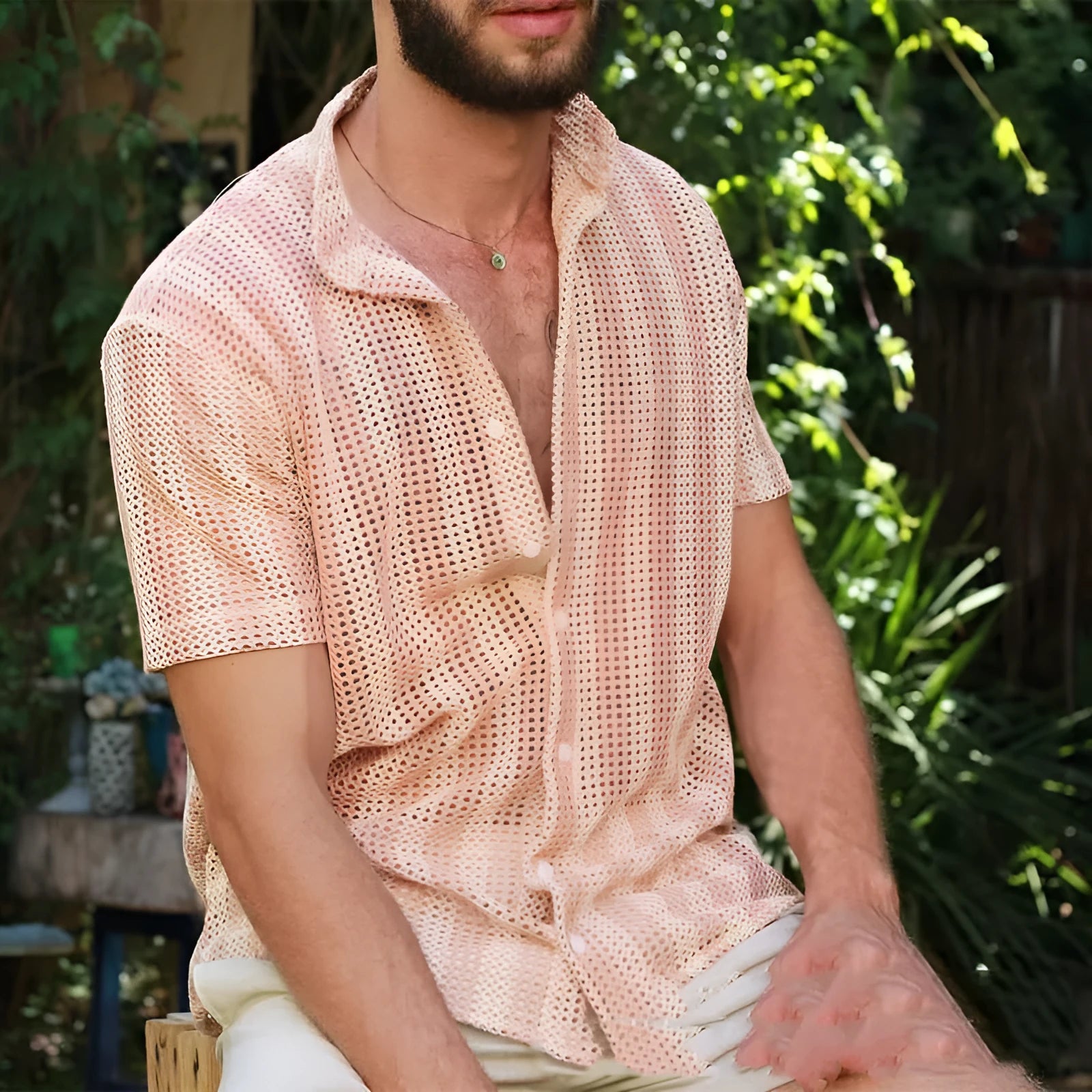 Men's pink waffle knit loose cardigan shirt with short sleeves for summer casual wear