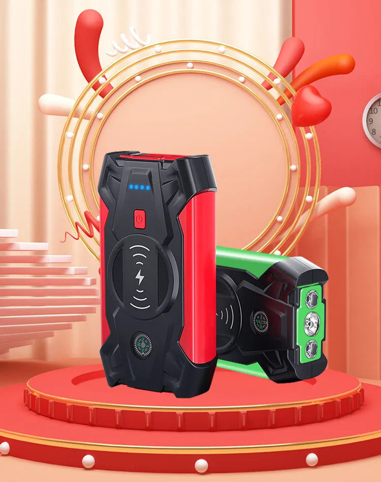 Red car emergency jump starter with digital display showing 39800W power and compact 190x90x45mm dimensions