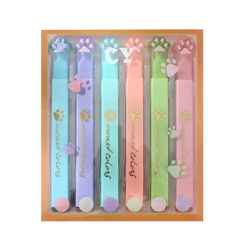 Box of six Cat's Paw fluorescent marking pens with oblique head tips in assorted colours.