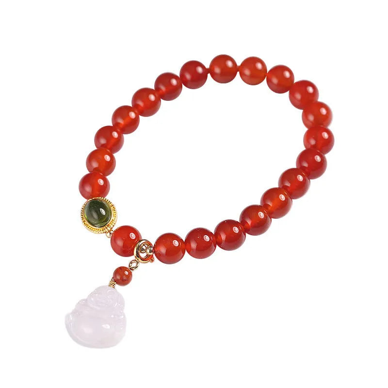 Natural agate bracelet with red agate beads and hanging jade Maitreya Buddha pendant in ancient gold tone