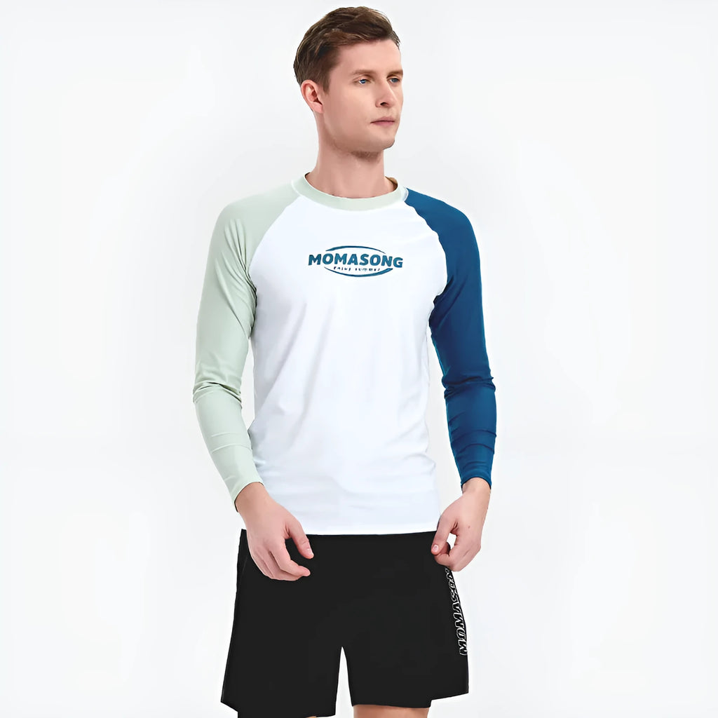 Men's white top long sleeve swimsuit with matching double layer beach swim trunks