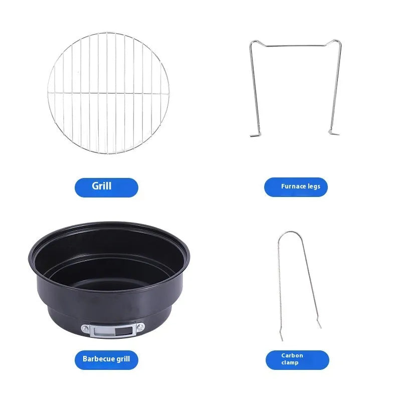 Small portable folding round ice stove barbecue grill set with mesh, legs, and clip on a grey background.