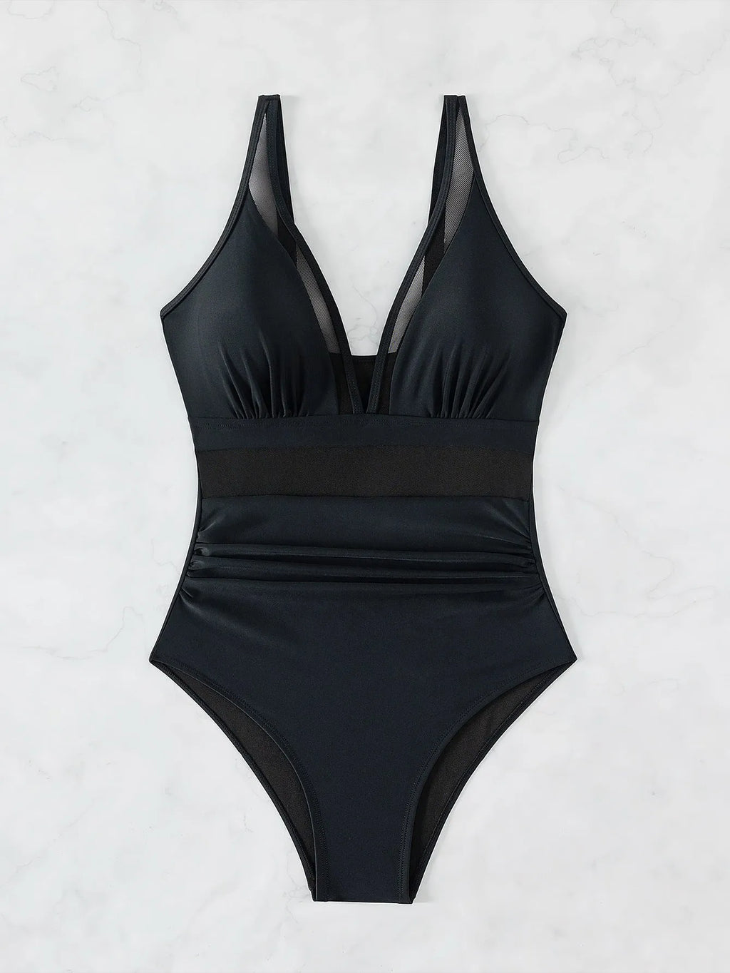 Black women's one-piece swimsuit with halter neck and mesh panel detailing.