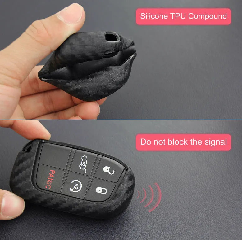 Silicone remote key case for Dodge Chrysler Fiat vehicles with carbon fibre pattern