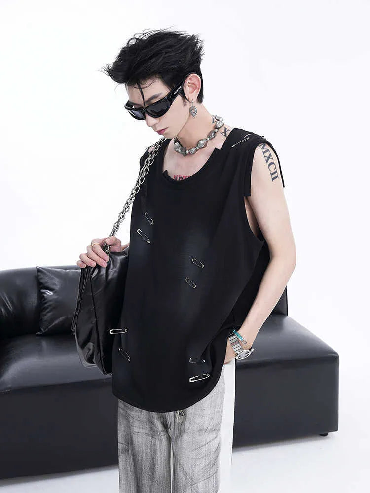 Men's black ripped vest waistcoat with irregular cutting, sleeveless design, round neck.