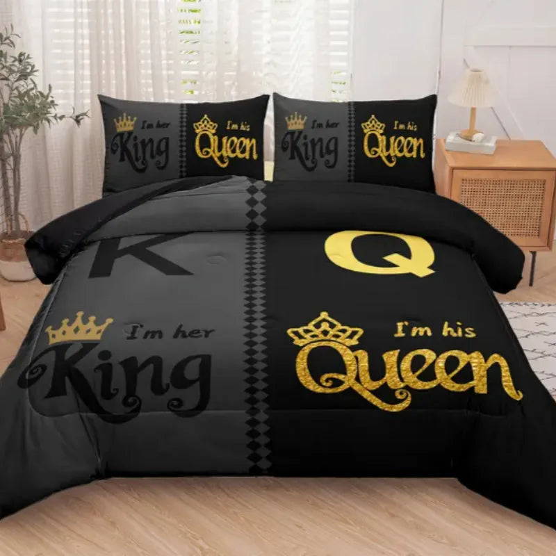 Three Piece Crown English digital printed quilt cover set in light gray on bed