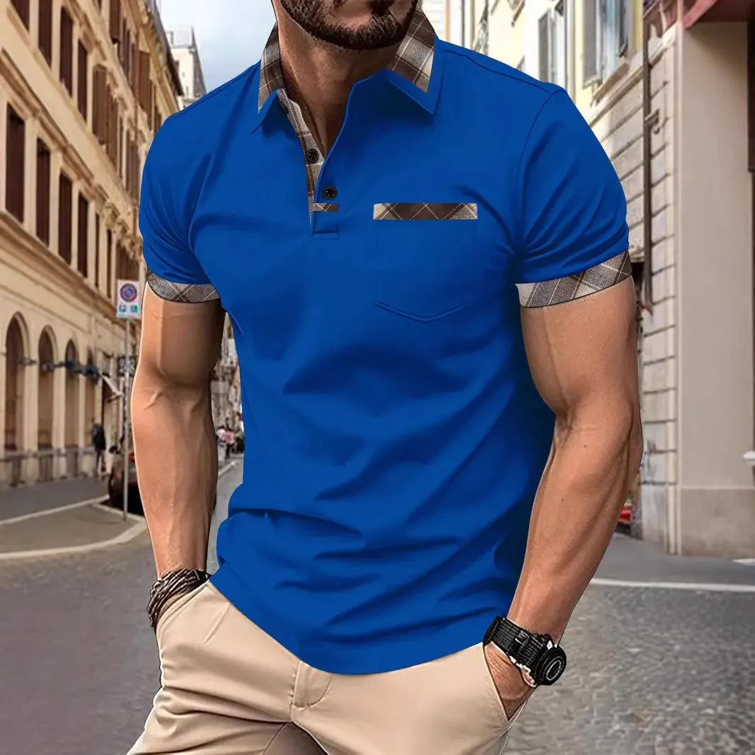 Men's plaid colourblock T-shirt with zip decorations in loose fit style