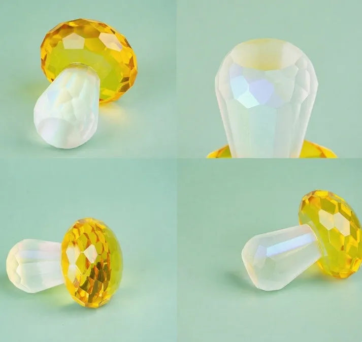 Colourful crystal mushroom decoration in geometric style measuring 40mm by 53mm