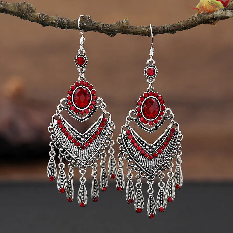 Purple crystal fringe drop earrings with retro court styling and alloy construction