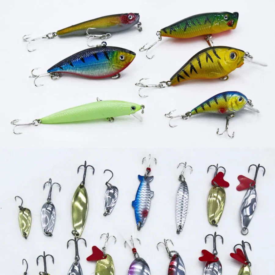 Rose red treasure coloured fishing lure set case containing 132 pieces of plastic soft baits and high carbon steel fishhooks