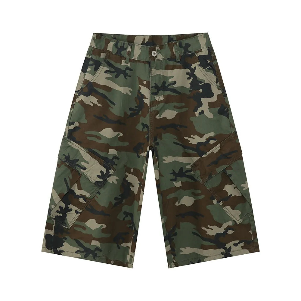 Men's cotton camouflage jeans with side stitching and wide leg loose fit
