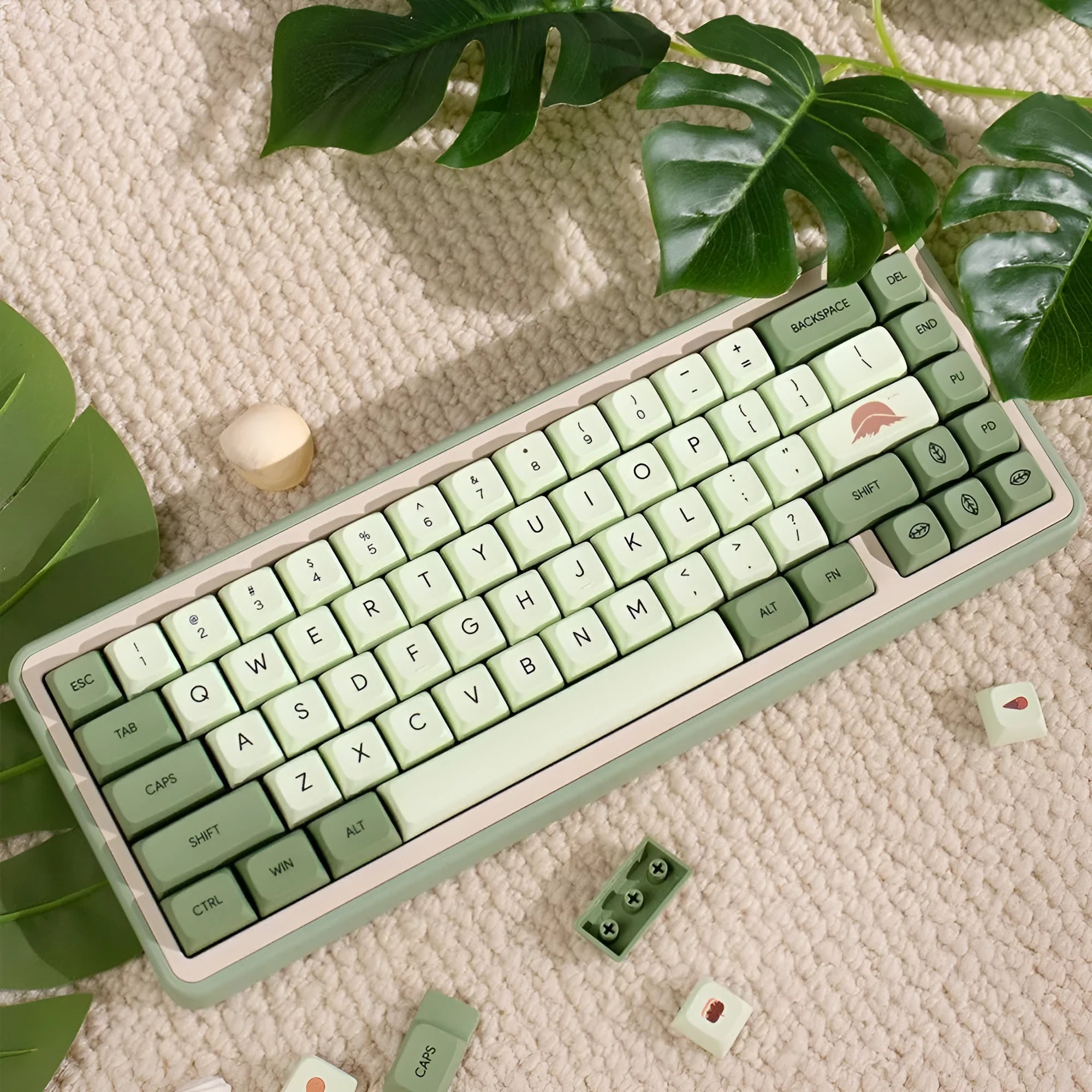 124 green matcha themed PBT keycaps for mechanical keyboards arranged by language layout
