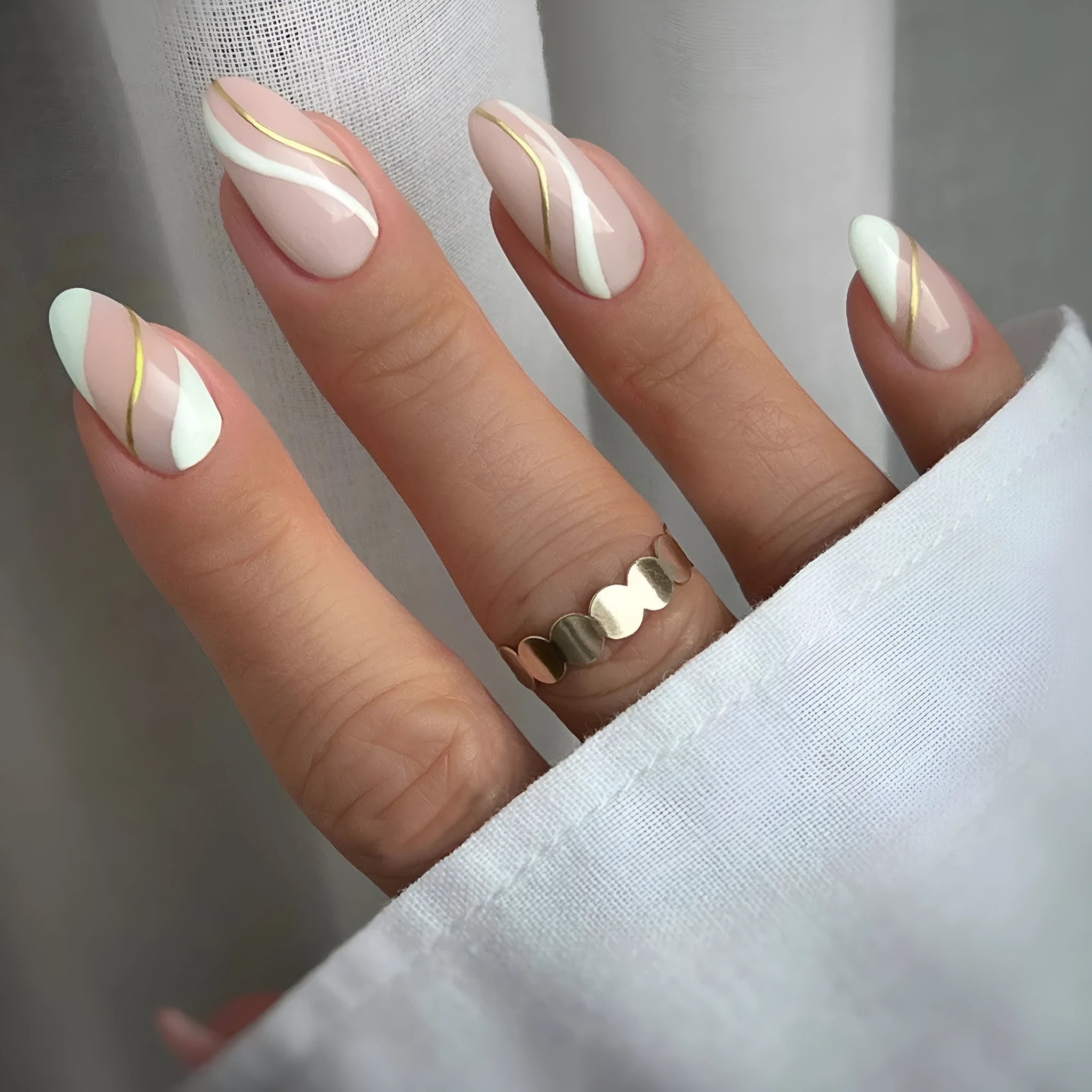 Golden Lines plaid pattern wearable nail stickers in JF0518 colour, medium drop shape