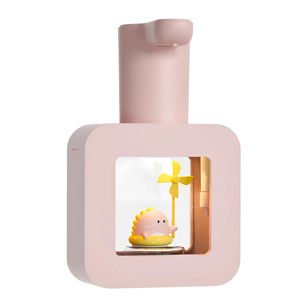 Pink automatic foam soap dispenser with cartoon unicorn and kitten designs for touchless handwashing