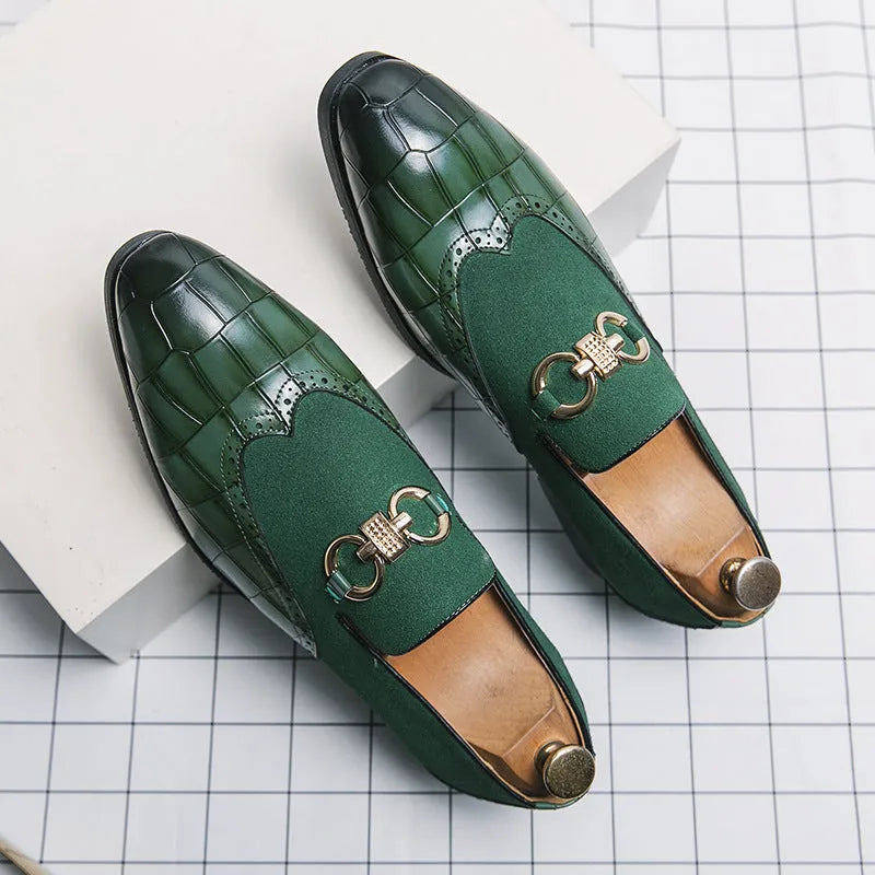 Men's black pointed-toe low-top business casual shoes with artificial PU upper and rubber sole.