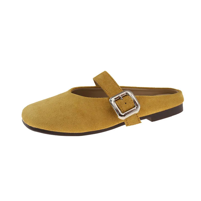 Women's flat closed toe slippers with square head design in apricot, blue, red and yellow colour options