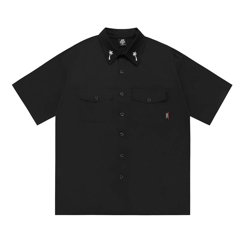 Men's cotton blend loose-fit pocket shirt with embroidery, half sleeve, in black and khaki, sizes M to XXL