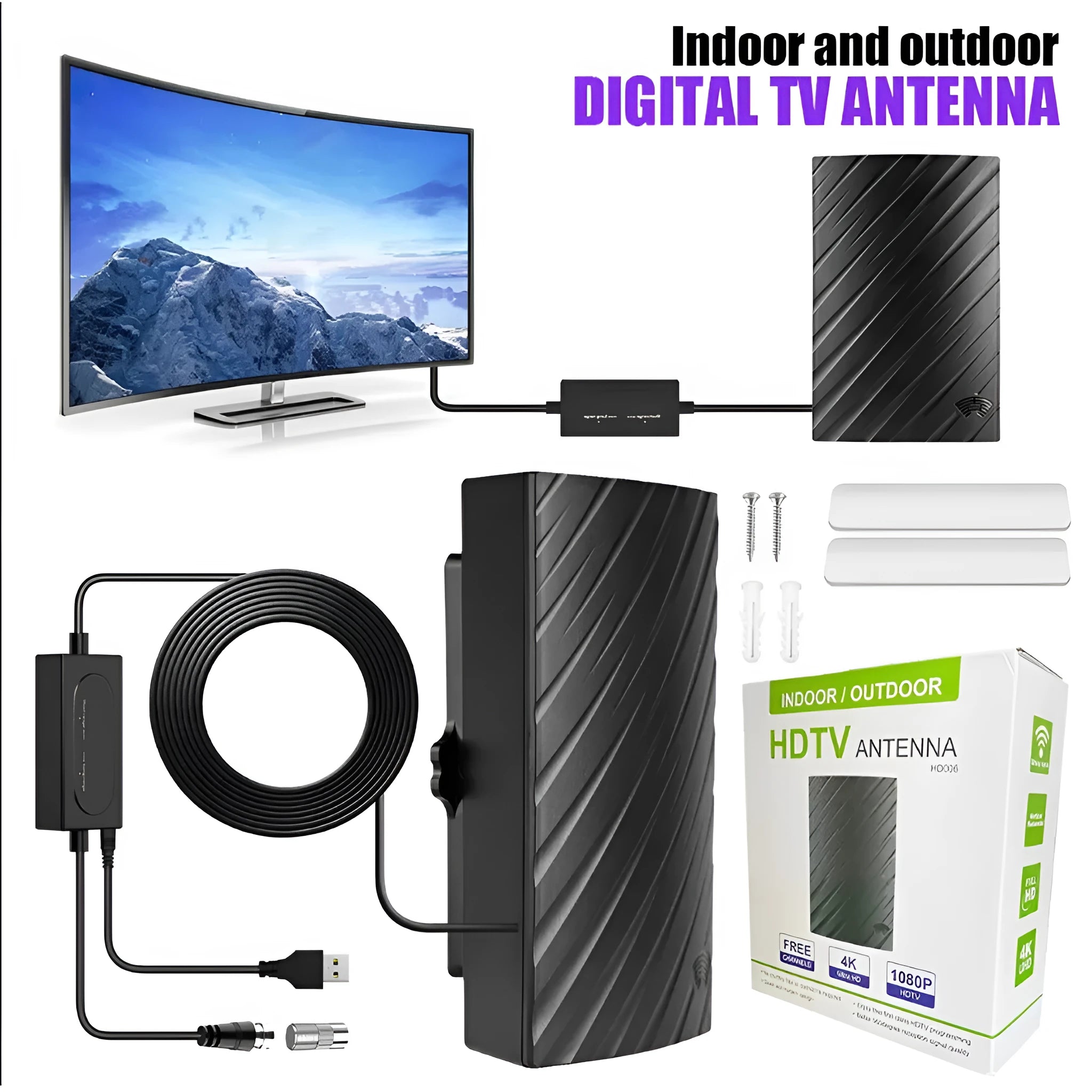 Black plastic digital television antenna with expansion tube and mounting screws on a white background.