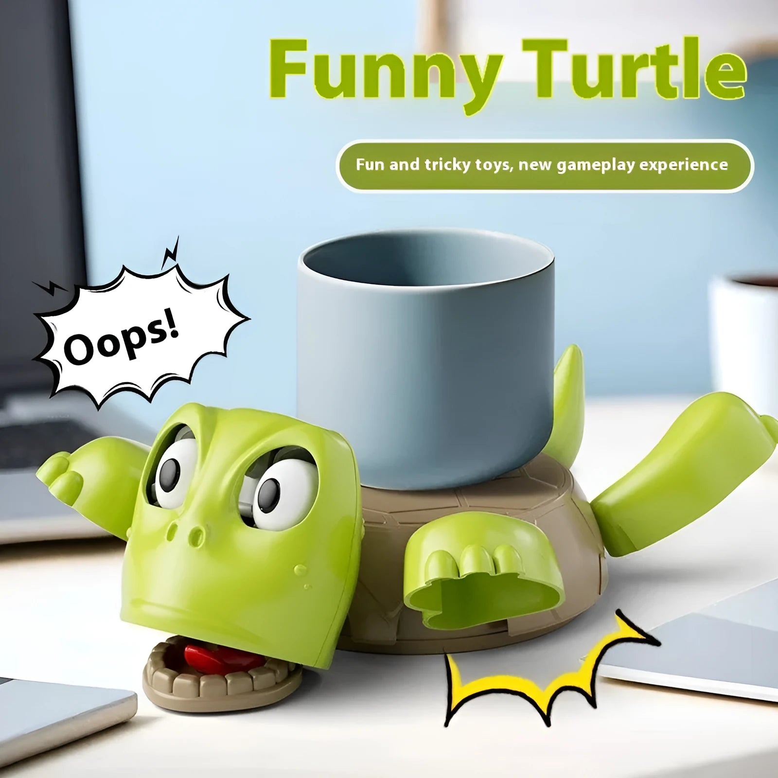 Turtle-shaped ABS plastic coaster in light green colour on a wooden table.