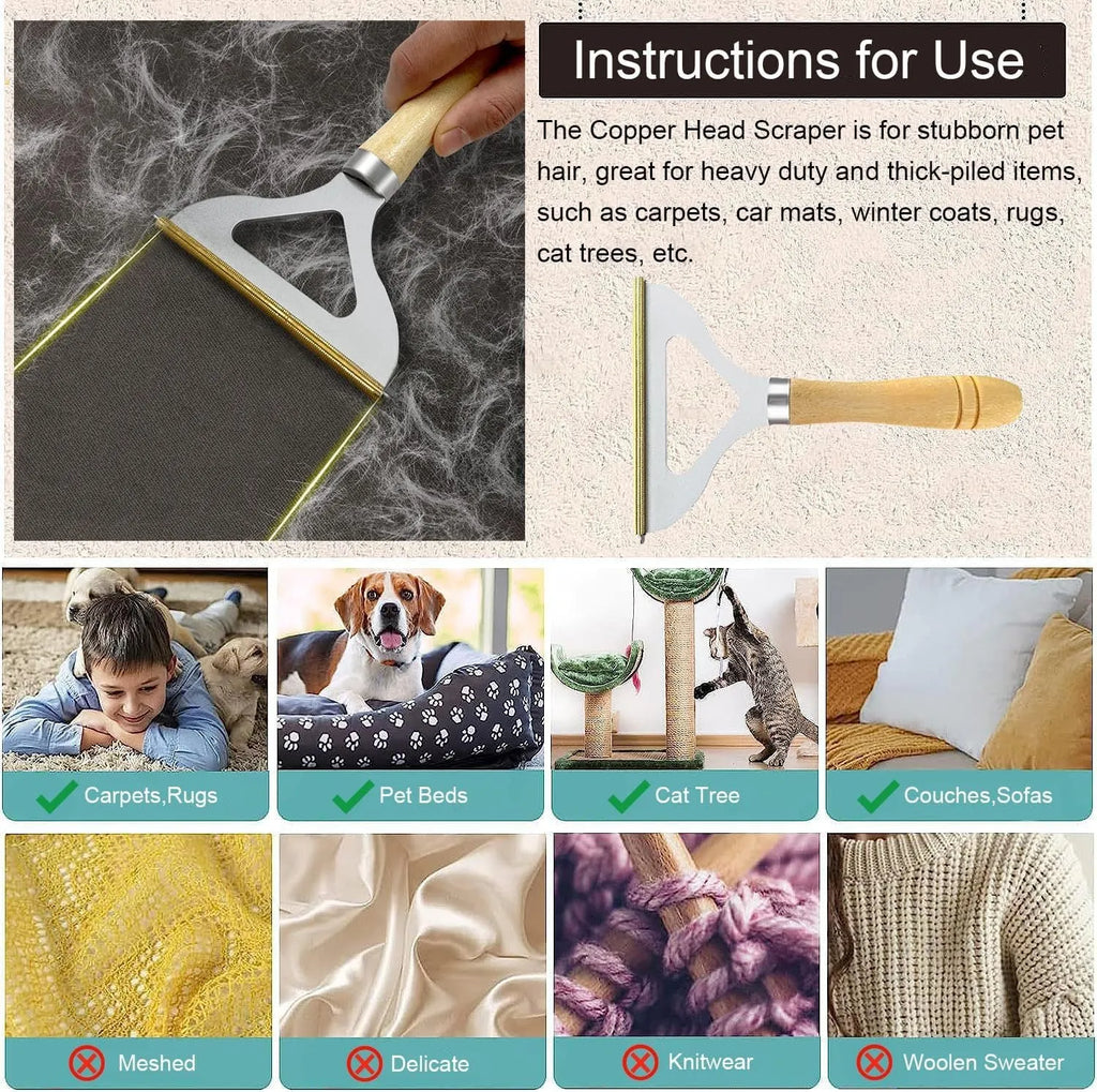 Three-piece pet hair remover set with metal lint shaver, silicone brushes, and round carpet scraper