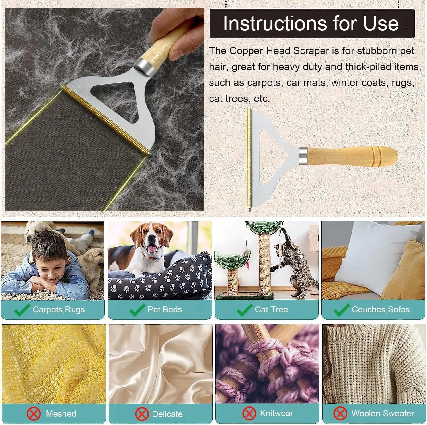 Three-piece pet hair remover set with metal lint shaver, silicone brushes, and round carpet scraper