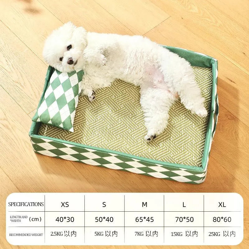 Blue rattan woven cat litter mat and pet bed placed on a wooden floor.