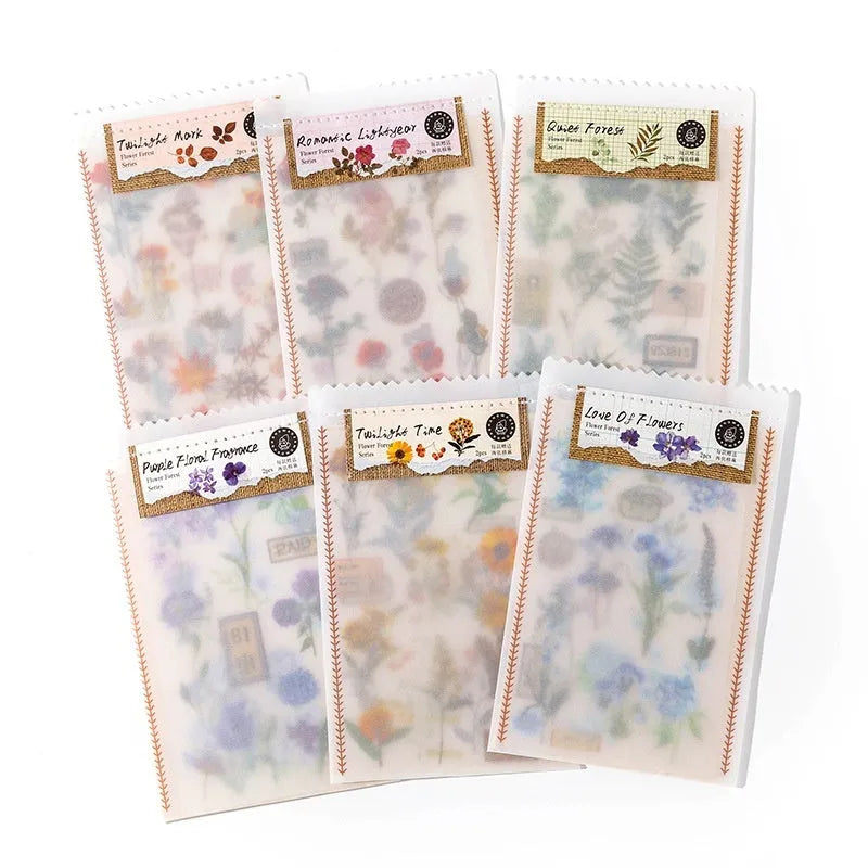 Huazhisen Series sticker material pack showing transfer paper and cotton linen sheets with forest and floral designs