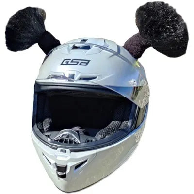 Motorcycle helmet with decorative braid accessory attached showing colour options including black, blue, pink, and fluorescent yellow styles
