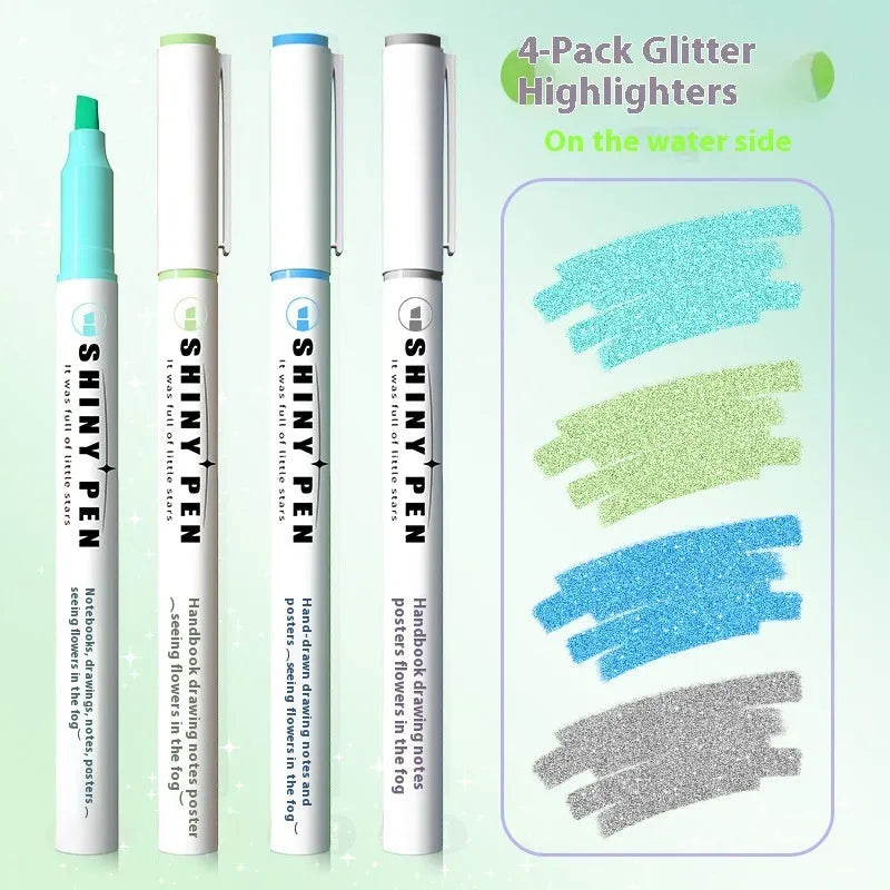 Set of four Sparkling Star River glitter fluorescent highlighter pens with slanted tips in assorted colours.