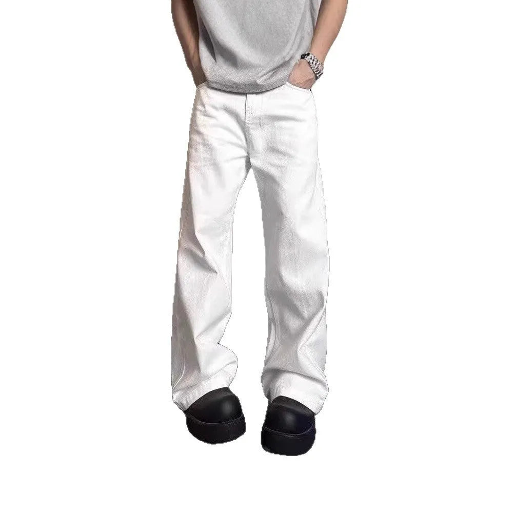 Men's white straight-leg cotton denim jeans with zip fly and mid-waist