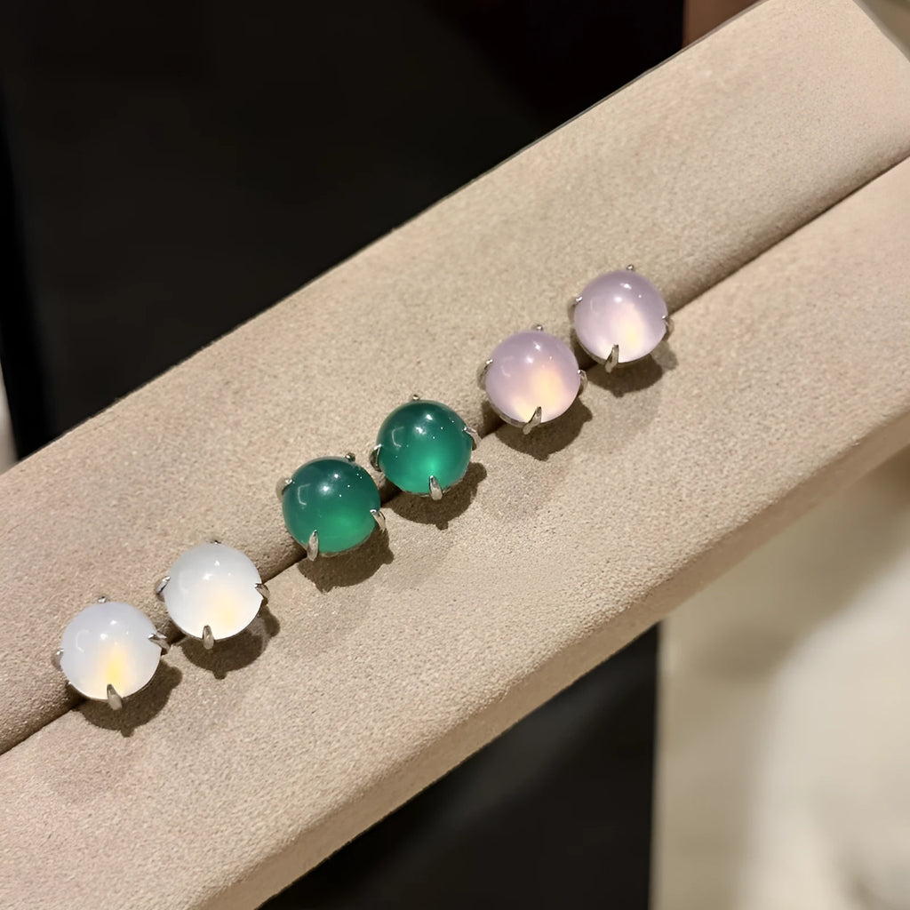 National fashion retro chalcedony stud earrings with geometric round egg surface design in three colour options