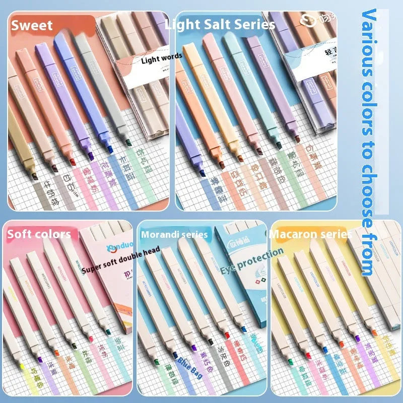 Set of double-headed fluorescent marker pens showing twin tips, available in mixed colours, Salt series, and Sweet series packs.