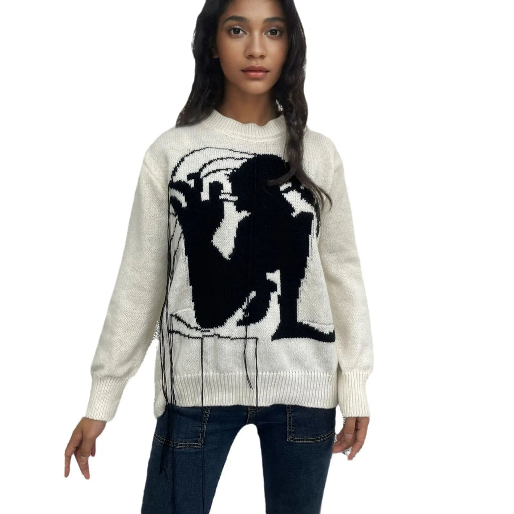 Women's loose round neck tassel design sweater in gray alpaca wool blend pullover, front view