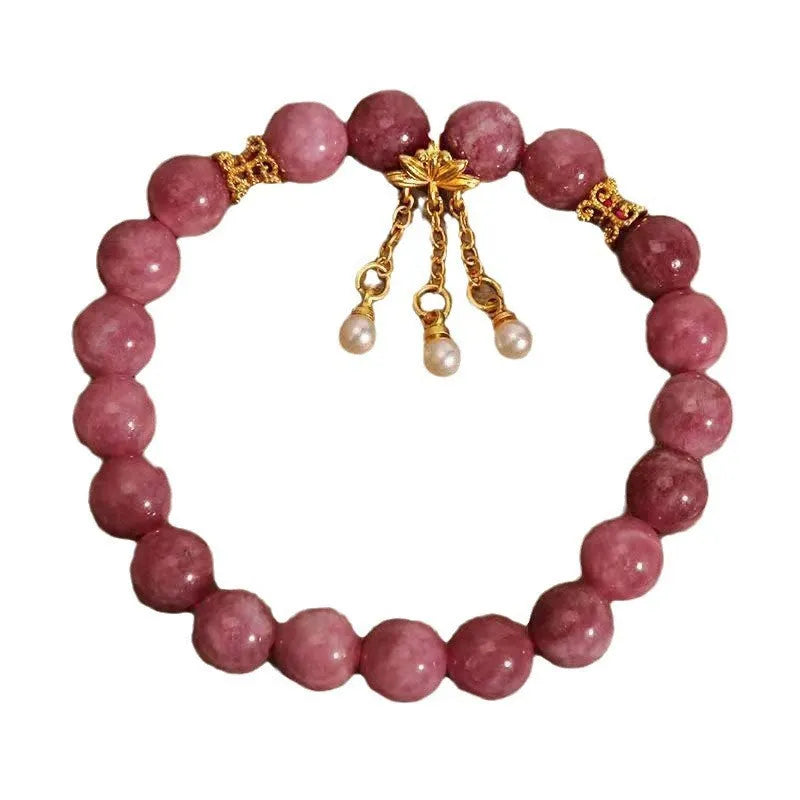 Natural stone bracelet with lotus tassel and pearl pendant, pink crystal colour, electroplated finish