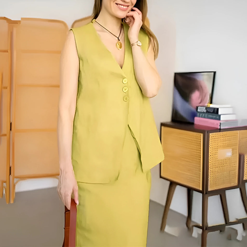 Casual white sleeveless vest and long skirt two-piece suit set on a hanger