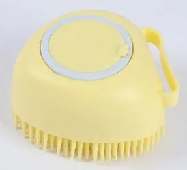 Silicone dog bath brush in blue, pink, and yellow – 9x6x8.5cm pack size