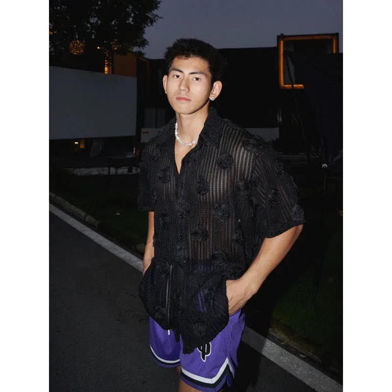Plus-size short-sleeved shirt with three-dimensional floral pattern on polyester fleece fabric