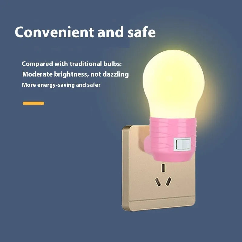 Small round plug-in bedside night light in a choice of white, blue, or pink plastic shell.