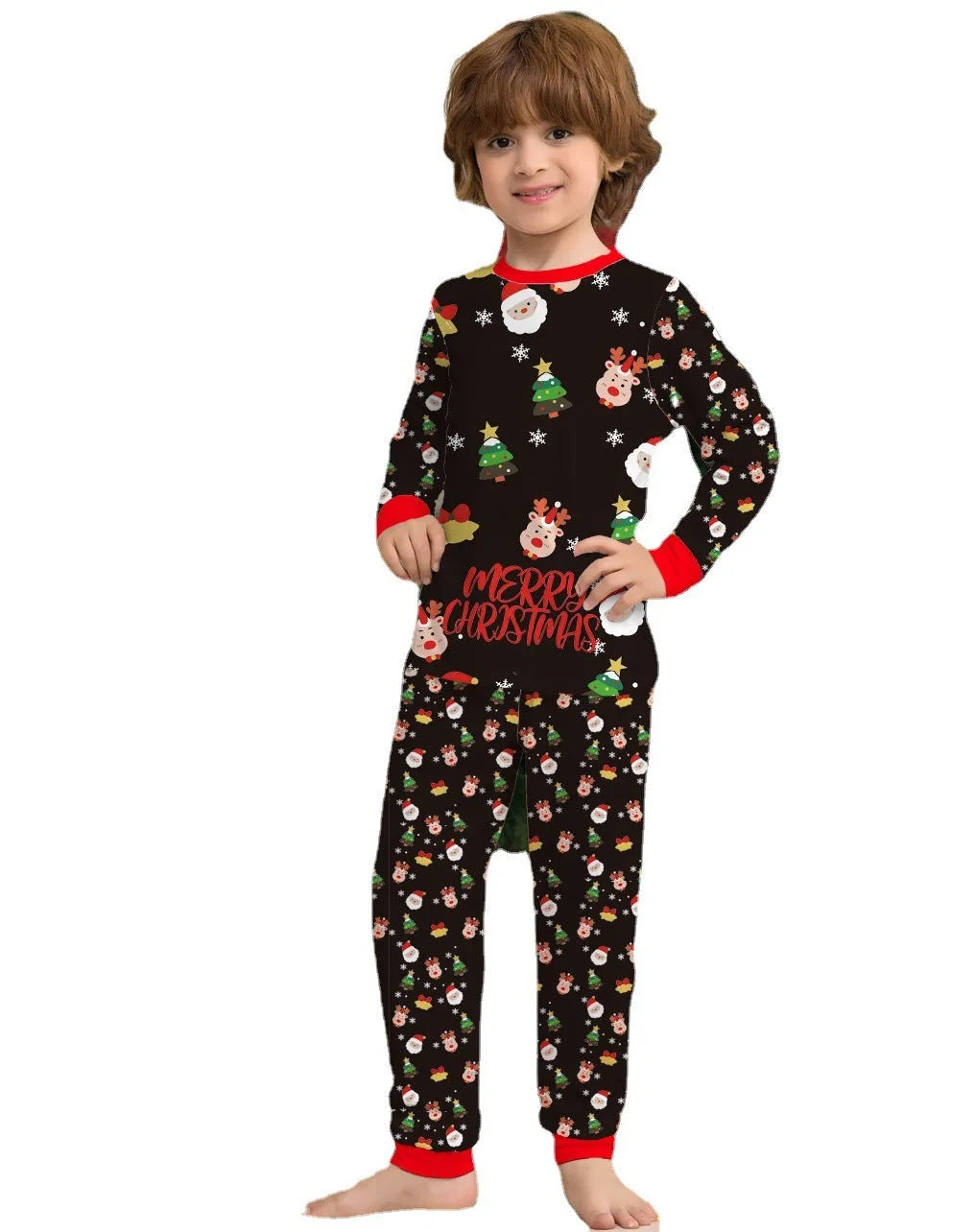 Family Christmas matching pyjamas set with plaid design showing parents, child and dog in coordinated sleepwear