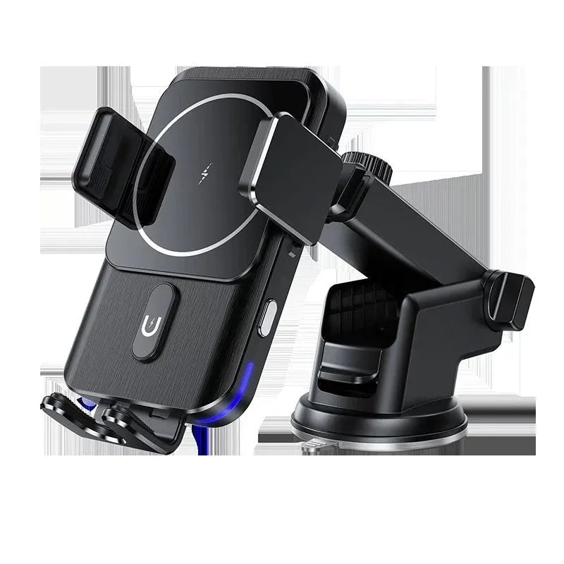 Black car wireless charger phone holder with 15W fast charging suction cup and clip mounts