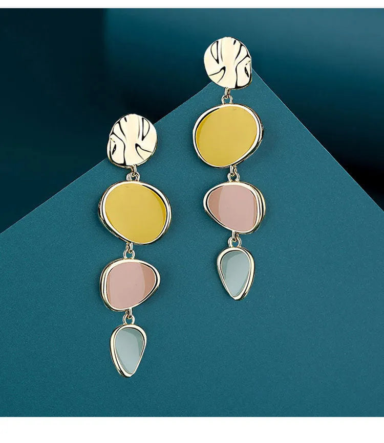 Alloy disc earrings with Morandi three-colour oil drip finish and geometric wafer shape