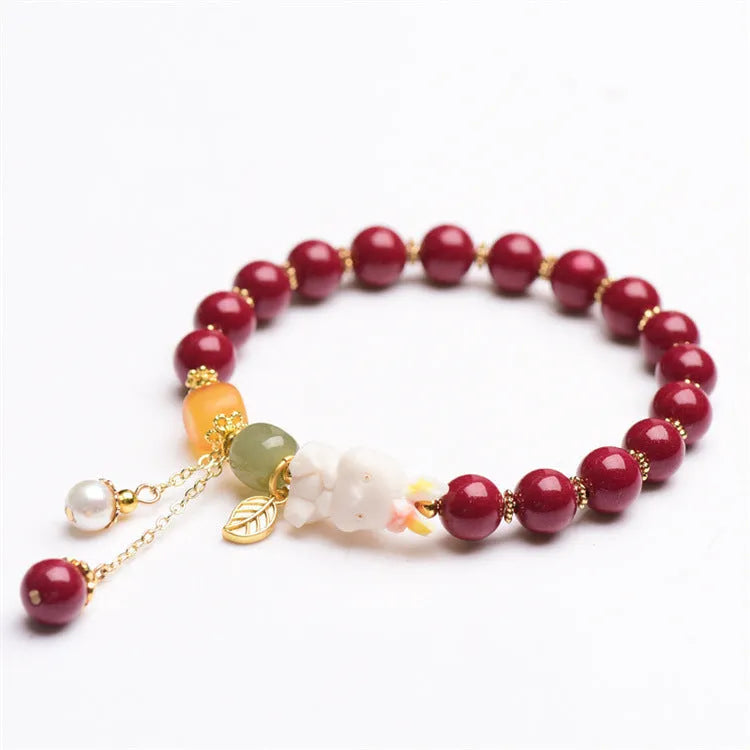 Tian Yu natural cinnabar bracelet with bunny rabbit design, 8mm or 10mm beads for women