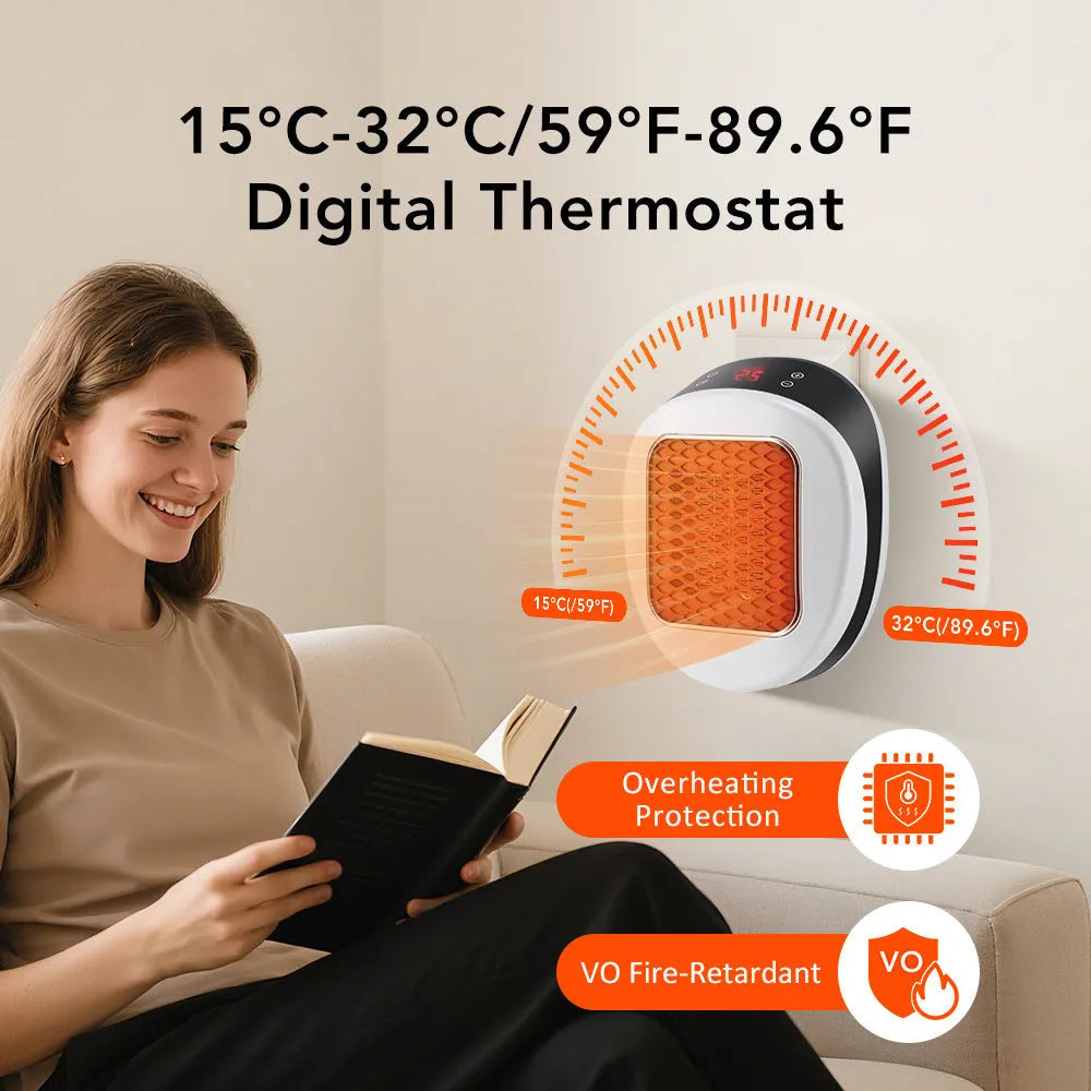 White ceramic electric heater with remote control on a table.