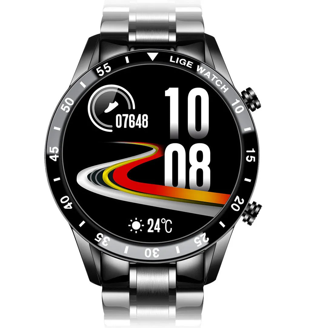 Stainless steel smart watch with black band and 1.3 inch touchscreen display.