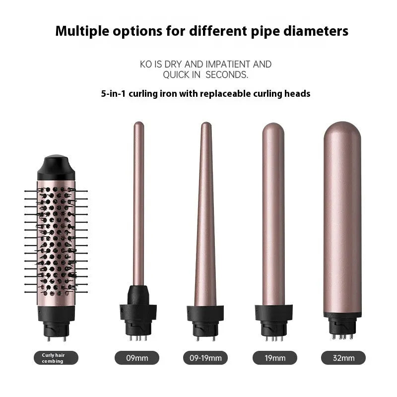 Automatic hair curler in rose gold colour with three headbands on white background